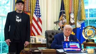 President Donald Trump, right, attends a news conference with Elon Musk in the Oval Office of the White House, Friday, May 30, 2025, in Washington. AP/PTI(AP05_31_2025_000006B) (AP) President Donald Trump, right, attends a news conference with Elon Musk in the Oval Office of the White House, Friday, May 30, 2025, in Washington. AP/PTI(AP05_31_2025_000006B) (AP)