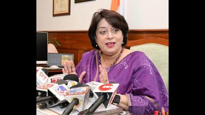 Additional chief secretary (ACS-home), Sumita Misra addressing the media in Chandigarh on Friday. (Sourced)