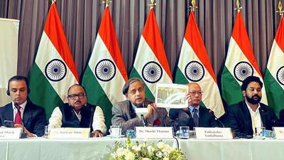 All-party delegation leader Congress MP Shashi Tharoor (centre) addresses the media in Bogota, Colombia on Thursday. (Photo from X) All-party delegation leader Congress MP Shashi Tharoor (centre) addresses the media in Bogota, Colombia on Thursday. (Photo from X)