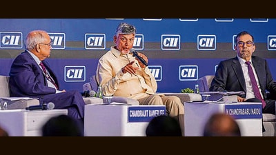 Andhra Pradesh chief minister N Chandrababu Naidu at CII business meet in New Delhi on Friday. (PTI)
