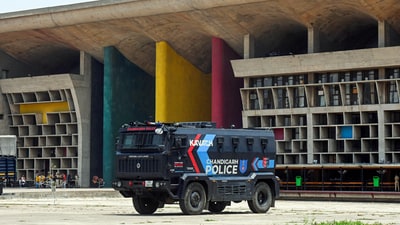Chandigarh police’s bulletproof vehicle Kavach stands outside the Punjab and Haryana High Court building after it received a bomb threat e-mail, in Chandigarh on Thursday. (ANI)