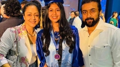 Jyotika and Suriya beaming wide at daughter Diya's high school graduation. Jyotika and Suriya beaming wide at daughter Diya's high school graduation.