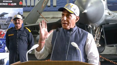 Union Defence Minister Rajnath Singh addresses naval officers during an interaction aboard aircraft carrier INS Vikrant. Chief of the Naval Staff (CNS) Admiral Dinesh K Tripathi is also seen (PTI) Union Defence Minister Rajnath Singh addresses naval officers during an interaction aboard aircraft carrier INS Vikrant. Chief of the Naval Staff (CNS) Admiral Dinesh K Tripathi is also seen (PTI)