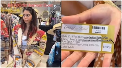 A woman tries on a Basmati rice sack coat worth ₹1.66 lakh. A woman tries on a Basmati rice sack coat worth ₹1.66 lakh.