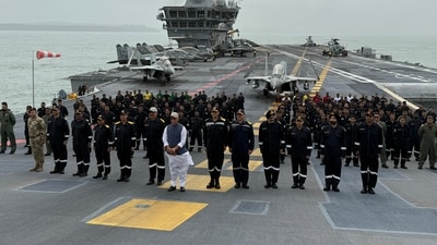 Defence minister Rajnath Singh met with Indian Navy personnel aboard INS Vikrant on Friday. (Source: Govt) Defence minister Rajnath Singh met with Indian Navy personnel aboard INS Vikrant on Friday. (Source: Govt)