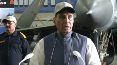 Defence minister Rajnath Singh interacted with naval personnel on board the aircraft carrier INS Vikrant off the coast of Goa on Friday. (X/@SpokespersonMoD) Defence minister Rajnath Singh interacted with naval personnel on board the aircraft carrier INS Vikrant off the coast of Goa on Friday. (X/@SpokespersonMoD)