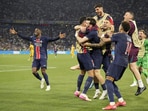PSG vs Inter Milan Highlights, Champions League Final: PSG's Khvicha Kvaratskhelia, center, celebrates with his teammates after scoring his side's fourth goal.