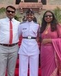 Ishita Sangwan from Charkhi Dadri, flanked by her parents, Charan Singh Sangwan and Anita Sangwan after graduating from NDA. (HT Photo)