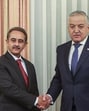 Minister of state for external affairs and environment, forest and climate change Kirti Vardhan Singh with foreign minister of Tajikistan Sirojiddin Muhriddin during a meeting, in Dushanbe, Tajikistan. (@KVSinghMPGonda)