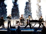 Linkin Park perform inside the stadium before the Champions League Final between Paris St Germain and Inter Milan at the Allianz Arena in Munich, Germany.