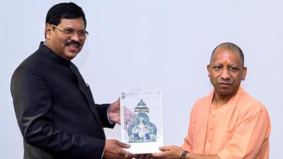 Chief Justice of India (CJI) Justice Bhushan Ramkrishna Gavai being presented with a memento by Uttar Pradesh chief minister Yogi Adityanath during the inauguration of the new advocate chambers and parking building of the Allahabad High Court, in Prayagraj on Saturday. (ANI PHOTO) Chief Justice of India (CJI) Justice Bhushan Ramkrishna Gavai being presented with a memento by Uttar Pradesh chief minister Yogi Adityanath during the inauguration of the new advocate chambers and parking building of the Allahabad High Court, in Prayagraj on Saturday. (ANI PHOTO)