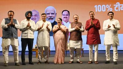 Delhi chief minister Rekha Gupta with cabinet ministers on Saturday. (Sonu Mehta/HT Photo) Delhi chief minister Rekha Gupta with cabinet ministers on Saturday. (Sonu Mehta/HT Photo)