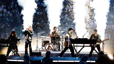 Linkin Park perform inside the stadium before the Champions League Final between Paris St Germain and Inter Milan at the Allianz Arena in Munich, Germany. (REUTERS)