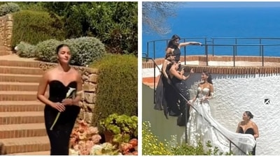 Alia Bhatt wore a black dress as one of the bridesmaids for her friend's wedding in Spain. Alia Bhatt wore a black dress as one of the bridesmaids for her friend's wedding in Spain.
