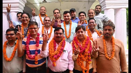New LUTA president Anitya Gaurav (second from right) and the new general secretary Ram Milan (in centre) after the LU teachers’ body poll results were declared on Saturday. (Sourced)