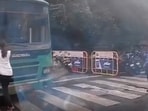 The bus driver in Bengaluru tried running over a woman following an argument. The bus driver in Bengaluru tried running over a woman following an argument.