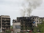 A view shows apartment buildings damaged by Russian military strikes, amid Russia's attack on Ukraine, in the frontline town of Myrnohrad, Donetsk region.