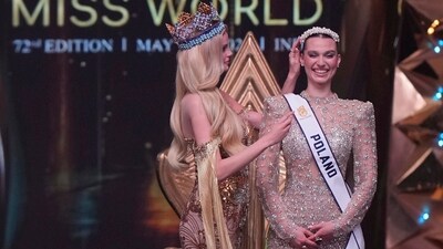 Miss World 2024 Krystyna Pyszkova of the Czech Republic, left, crowns second runner-up to Maja Klajda of Poland during the 72nd Miss World pageant in Hyderabad, India, Saturday, May 31, 2025. (AP) Miss World 2024 Krystyna Pyszkova of the Czech Republic, left, crowns second runner-up to Maja Klajda of Poland during the 72nd Miss World pageant in Hyderabad, India, Saturday, May 31, 2025. (AP)