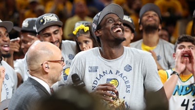 Indiana Pacers forward Pascal Siakam (43) reacts after receiving the Larry Bird MVP Trophy after game six of the eastern conference finals against the New York Knicks for the 2025 NBA Playoffs at Gainbridge Fieldhouse. (Mandatory Credit: Trevor Ruszkowski-Imagn Images) (IMAGN IMAGES via Reuters Connect)