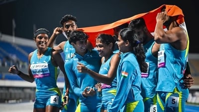 India's mixed 4x400 m relay team celebrates winning gold at the Asian Athletics Championships in Gumi, South Korea. India's mixed 4x400 m relay team celebrates winning gold at the Asian Athletics Championships in Gumi, South Korea.