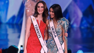 India's Nandini Gupta and Turkey's Idil Bilgen pose with each other during the 72nd Miss World finale in Hyderabad, India, May 31, 2025. India's hopes were dashed as Nandini failed to make it into the Top 8 finalists. (REUTERS)