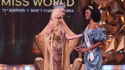Miss World 2024 Krystyna Pyszkova of the Czech Republic, left, crowns third runner-up Aurelie Joachim of Martinique during the 72nd Miss World pageant in Hyderabad, India, Saturday, May 31, 2025. (AP) Miss World 2024 Krystyna Pyszkova of the Czech Republic, left, crowns third runner-up Aurelie Joachim of Martinique during the 72nd Miss World pageant in Hyderabad, India, Saturday, May 31, 2025. (AP)