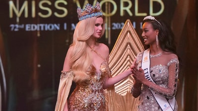 Miss World 2024 Krystyna Pyszkova of the Czech Republic, left, crowned first runner up Hasset Dereje Admassu of Ethiopia during the 72nd Miss World pageant in Hyderabad, India, Saturday, May 31, 2025. (AP) Miss World 2024 Krystyna Pyszkova of the Czech Republic, left, crowned first runner up Hasset Dereje Admassu of Ethiopia during the 72nd Miss World pageant in Hyderabad, India, Saturday, May 31, 2025. (AP)