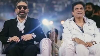 Kamal Haasan and Shiva Rajkumar at a promotional event for Thug Life in Karnataka.