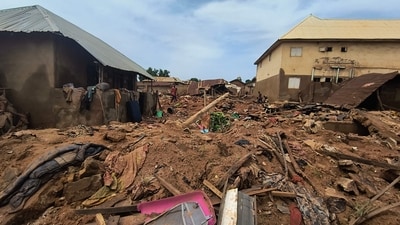 A general view of damaged buildings in Mokwa on June 1, 2025, after the town was hit by torrential rains overnight Wednesday into Thursday, with the flooding displacing more than 3,000 people. (AFP) A general view of damaged buildings in Mokwa on June 1, 2025, after the town was hit by torrential rains overnight Wednesday into Thursday, with the flooding displacing more than 3,000 people. (AFP)