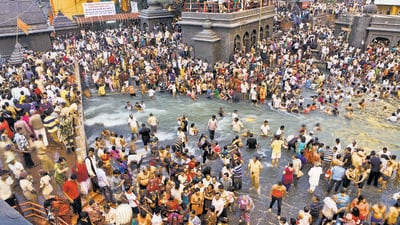 Nasik, India - Sept. 13, 2015 : Devotees take holy dip into the river Godavari on the occasion of second Shahi Snan of Simhastha Kumbha Mela at Ramkund in Nasik, India, on Sunday, September 13, 2015. (Photo by Arijit Sen/ Hindustan Times) (Hindustan Times) Nasik, India - Sept. 13, 2015 : Devotees take holy dip into the river Godavari on the occasion of second Shahi Snan of Simhastha Kumbha Mela at Ramkund in Nasik, India, on Sunday, September 13, 2015. (Photo by Arijit Sen/ Hindustan Times) (Hindustan Times)