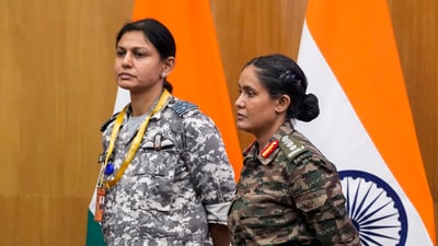 Wing Commander Vyomika Singh (left) and Colonel Sofiya Qureshi during a special briefing on Operation Sindoor in New Delhi on May 10, 2025. (PTI)
