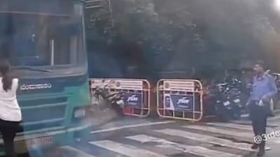 The bus driver in Bengaluru tried running over a woman following an argument. The bus driver in Bengaluru tried running over a woman following an argument.