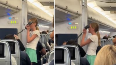 The young girl took over the flight intercom to sing the song as passengers waited for the flight to take off after hours of delay. (X/@whotfisjovana) The young girl took over the flight intercom to sing the song as passengers waited for the flight to take off after hours of delay. (X/@whotfisjovana)