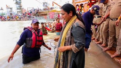 Delhi chief minister Rekha Gupta takes a holy dip in the Ganga river at Har Ki Pauri, in Haridwar. (PTI)