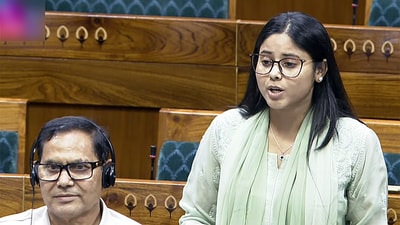 Samajwadi Party (SP) MP Priya Saroj speaks in the Lok Sabha during the Budget Session of Parliament (Sansad TV)