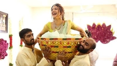 Sreeleela's fans wondered if she was getting married as she posted these festive photos on Instagram. Sreeleela's fans wondered if she was getting married as she posted these festive photos on Instagram.
