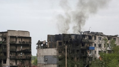 A view shows apartment buildings damaged by Russian military strikes, amid Russia's attack on Ukraine, in the frontline town of Myrnohrad, Donetsk region. (Reuters/Representational)
