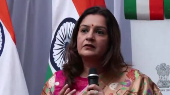 Shiv Sena (UBT) Rajya Sabha MP Priyanka Chaturvedi speaking in London on Pakistan’s role in terrorism. (Video grab )