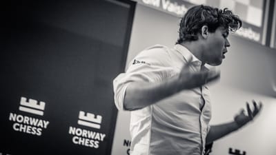 Magnus Carlsen was left fuming at himself after the match, which saw him make a huge blunder and giving up his winning position in the end game. (Twitter (Norway Chess / Michal Walusza)) Magnus Carlsen was left fuming at himself after the match, which saw him make a huge blunder and giving up his winning position in the end game. (Twitter (Norway Chess / Michal Walusza))