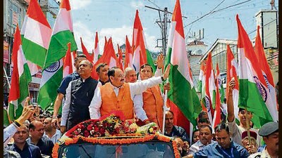 BJP national chief JP Nadda along with LoP Jai Ram Thakur during a Tiranga rally in Solan on Monday. (HT Photo) BJP national chief JP Nadda along with LoP Jai Ram Thakur during a Tiranga rally in Solan on Monday. (HT Photo)