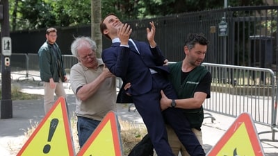 Greenpeace environmental activists set up a wax statue of French President Emmanuel Macron infront of Russian embassy (AFP) Greenpeace environmental activists set up a wax statue of French President Emmanuel Macron infront of Russian embassy (AFP)