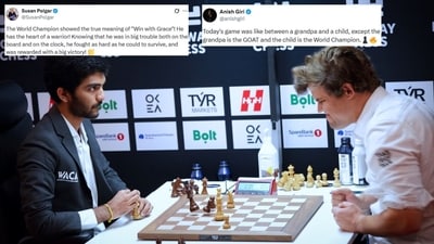 Gukesh and Magnus had a 62-move tussle that ended in a nerve wrecking finish with the latter slamming the table upon losing the game and apologising for it later. (Photo: X)