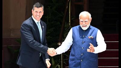 Prime Minister Narendra Modi and Paraguayan President Santiago Peña in New Delhi on Monday. (Arvind Yadav/HT Photo) Prime Minister Narendra Modi and Paraguayan President Santiago Peña in New Delhi on Monday. (Arvind Yadav/HT Photo)