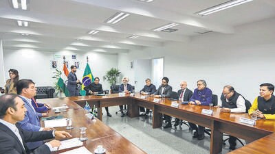 The Indian delegation led by Shashi Tharoor during a meeting in Brazil. (PTI) The Indian delegation led by Shashi Tharoor during a meeting in Brazil. (PTI)