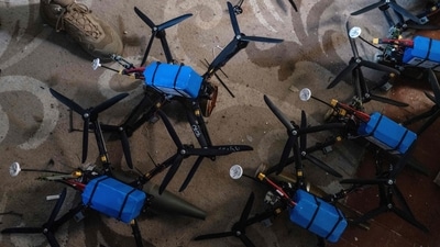 FPV drones equipped with explosive devices in a shelter at an undisclosed location near Kostyantynivka. (AFP File ) FPV drones equipped with explosive devices in a shelter at an undisclosed location near Kostyantynivka. (AFP File )