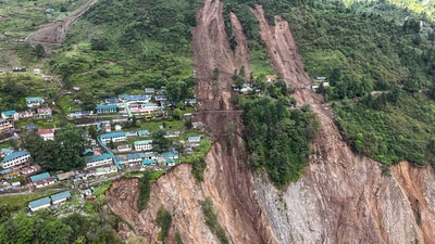 The site after a landslide hit a military camp at Chhaten in Sikkim. At least three army personnel died in the mishap. (via PTI)