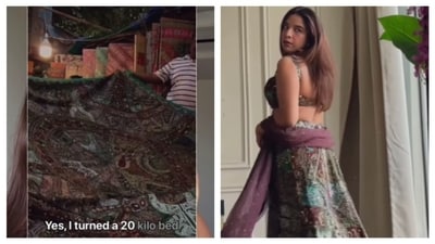 The creator shared the journey behind the bedsheet's transformation into a beautiful lehenga. (Instagram) The creator shared the journey behind the bedsheet's transformation into a beautiful lehenga. (Instagram)