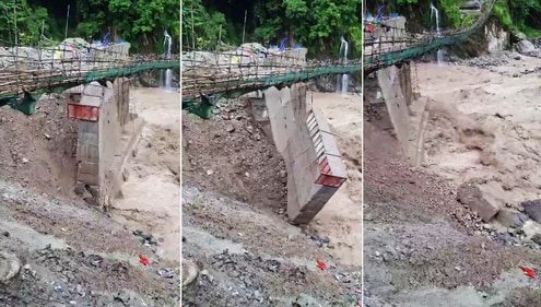 Combo Picture via ANI: The support base of the under-construction Sankalang Bamboo Bridge collapses, due to the current of the Teesta River, following heavy rainfall in the region, at Mangan in North Sikkim on Sunday. (ANI - X)
