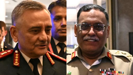 India's Chief of Defence Staff General Anil Chauhan and chairman of the Joint Chiefs of Staff Committee in Pakistan General Sahir Shamshad Mirza during 22nd Shangri-La Dialogue summit in Singapore.. (AFP/AP)