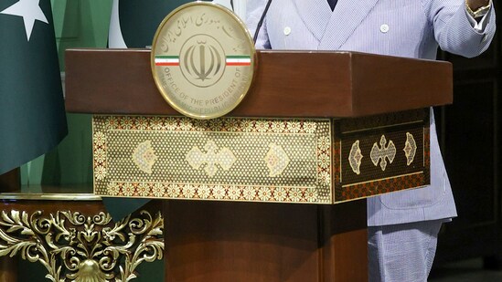 Pakistan's Prime Minister Shehbaz Sharif speaks in a joint press conference with Iran President Masoud Pezeshkian on May 26. (Iranian Presidency Office via AP)